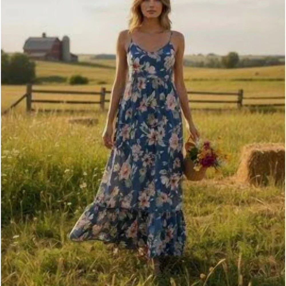 Band Of Gypsies Blue Floral Tiered Maxi Dress XS Boho Spaghetti Straps Festival - Picture 1 of 8